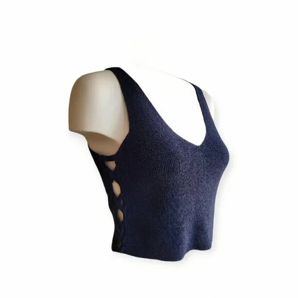 INTERMIX Navy Linen Cotton Knit Tank Crisscross Side Cutout Luxury Top Small - Picture 6 of 10
